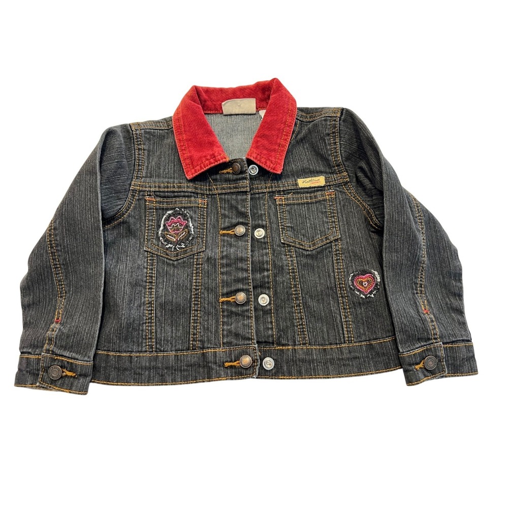 Levi‎ Strauss Signature Girls 24M Dark Wash Denim Jacket Red Corduroy Collar